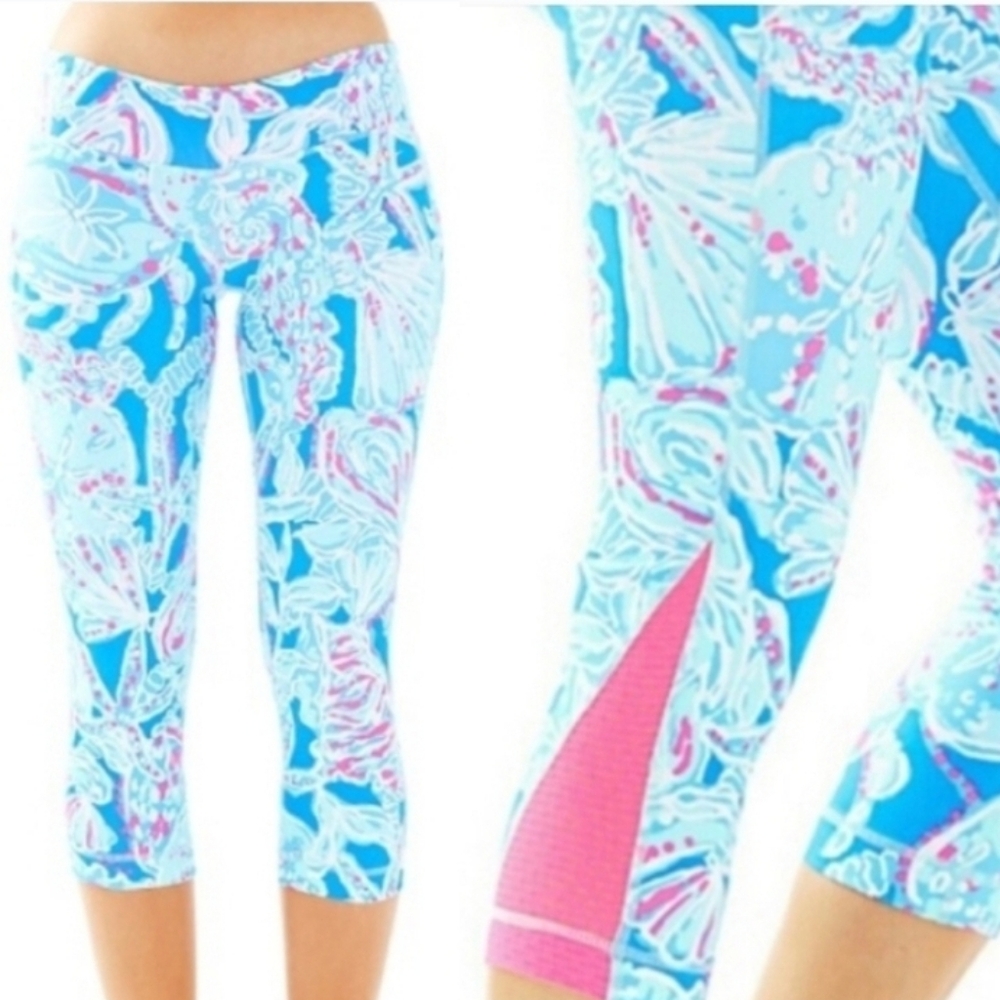 Lilly Pulitzer Shawn Cropped Legging XS Bay Blue Into The Deep Blue Pink EUC